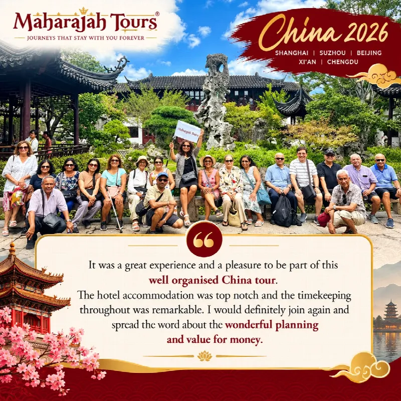 China 2026 group in a Suzhou garden. Review: It was a great experience and a pleasure to be part of this well organised China tour. The hotel accommodation was top notch and the timekeeping throughout was remarkable. I would definitely join again and spread the word about the wonderful planning and value for money.