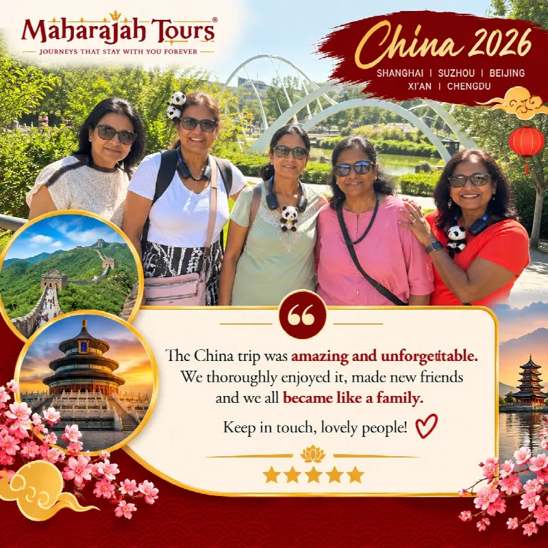 Five China 2026 travellers in a Beijing park. Review: The China trip was amazing and unforgettable. We thoroughly enjoyed it, made new friends and we all became like a family. Keep in touch, lovely people! Five stars.