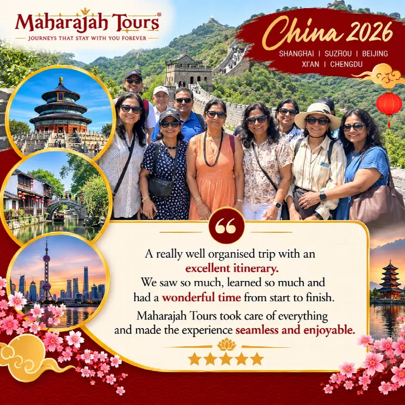 China 2026 group on the Great Wall. Review: A really well organised trip with an excellent itinerary. We saw so much, learned so much and had a wonderful time from start to finish. Maharajah Tours took care of everything and made the experience seamless and enjoyable. Five stars.