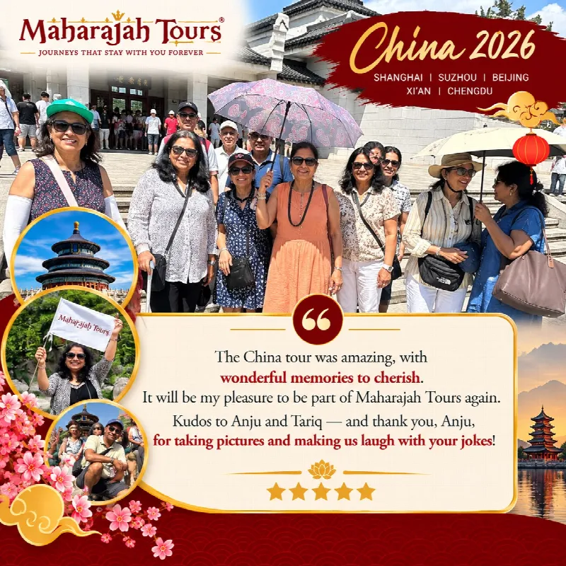 China 2026 group sheltering from the sun under umbrellas. Review: The China tour was amazing, with wonderful memories to cherish. It will be my pleasure to be part of Maharajah Tours again. Kudos to Anju and Tariq, and thank you, Anju, for taking pictures and making us laugh with your jokes! Five stars.