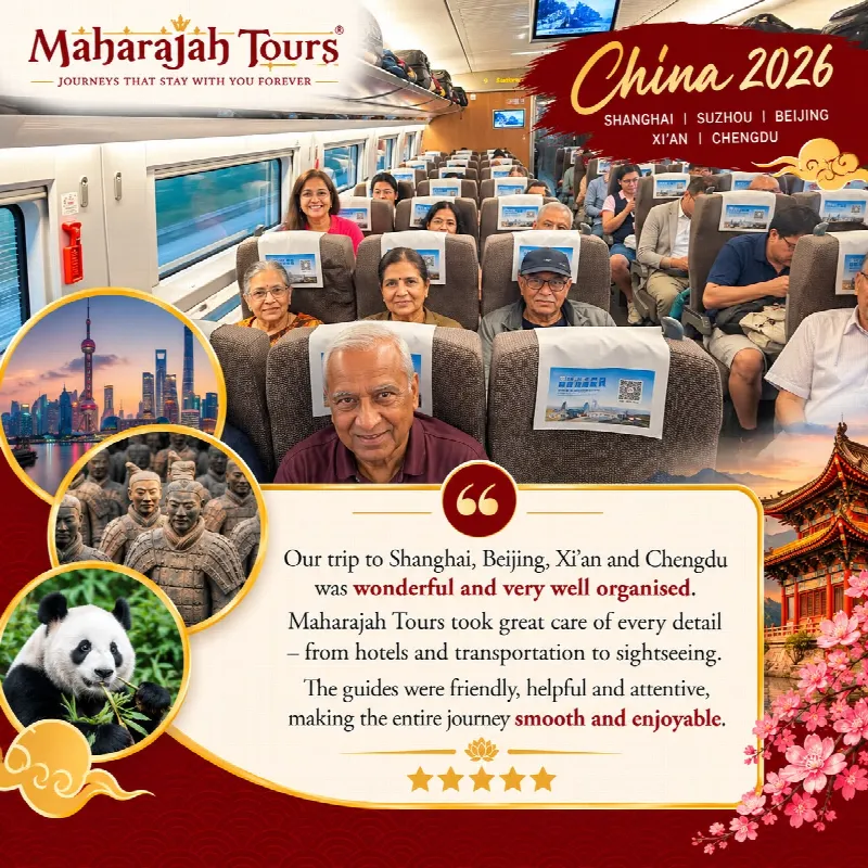 China 2026 travellers on a high-speed train. Review: Our trip to Shanghai, Beijing, Xi'an and Chengdu was wonderful and very well organised. Maharajah Tours took great care of every detail, from hotels and transportation to sightseeing. The guides were friendly, helpful and attentive, making the entire journey smooth and enjoyable. Five stars.